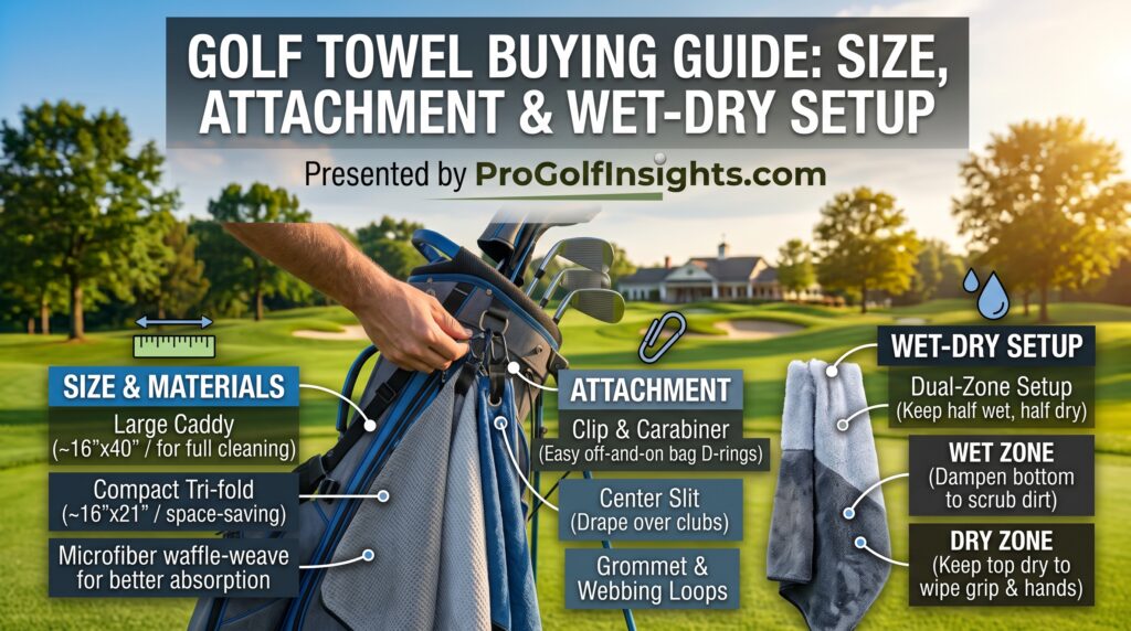 Golf Towel Buying Guide Size, Attachment and Wet-Dry Setup